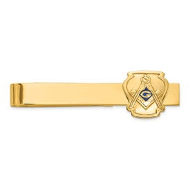 14k gold men's tie bar with polished and textured finish featuring blue enamel and Masonic design, from Solomon Jewelers.