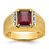 14k gold men's ring featuring polished and satin finishes with ruby and diamond accents, crafted by Solomon Jewelers.