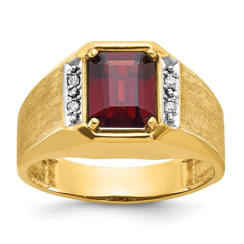 14k gold men's ring featuring polished and satin finishes with ruby and diamond accents, crafted by Solomon Jewelers.