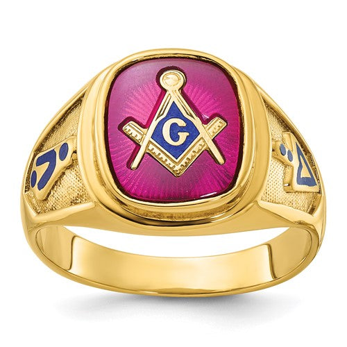 14k gold men's Masonic ring featuring enamel and lab-created ruby in a blue lodge design by Solomon Jewelers.