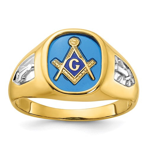 14k gold men's Masonic ring with white rhodium and crimson sapphire accents, featuring intricate design and craftsmanship.