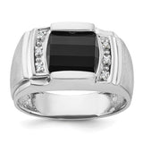 14k white gold men's satin ring with onyx and diamond accents, featuring a sleek, elegant design.