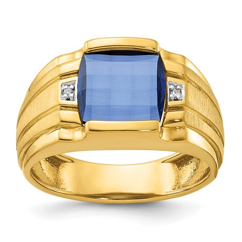 14k gold men's ring with sapphire and diamond accents, featuring a classic design from Solomon Jewelers.