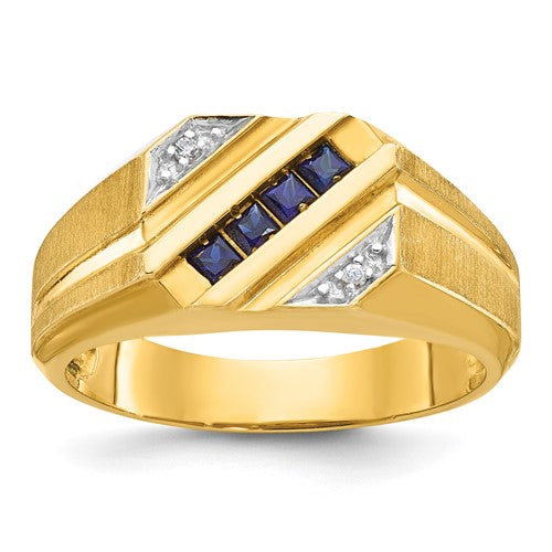 14k gold men's sapphire and diamond satin ring by Solomon Jewelers, showcasing detailed craftsmanship and elegant design.