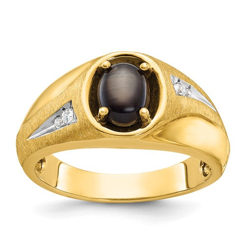 14k gold men's satin black star sapphire and diamond ring featuring a sleek design and detailed craftsmanship.