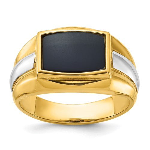 14k two-tone men's onyx ring featuring a sleek design, crafted by Solomon Jewelers, perfect for elegant jewelry collection