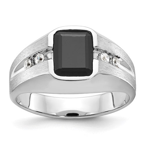 14k white gold men's ring with polished and satin finishes, featuring onyx and diamond accents from Solomon Jewelers.