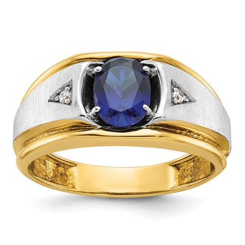 Men's satin finish lab-created sapphire and AA diamond ring by Solomon Jewelers, featuring a sleek 14k gold setting.