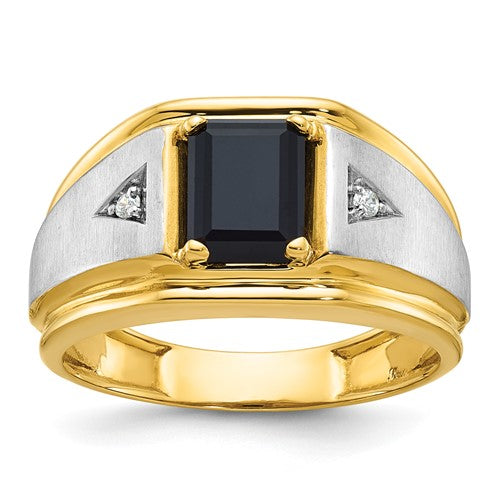14k two-tone satin onyx and diamond men's ring featuring a polished finish and elegant design from Solomon Jewelers.