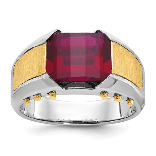 14k two-tone Solomon Jewelers men's garnet ring featuring a crafted created garnet gemstone and detailed band design.