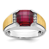 Men's 14k yellow gold polished and satin lab-created garnet and diamond ring by Solomon Jewelers, featuring a sleek, elegant design.