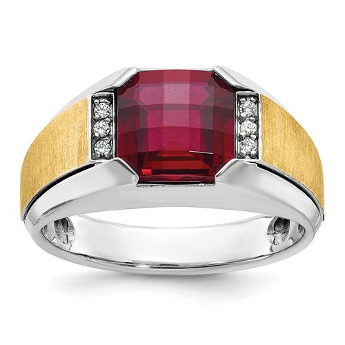 Men's 14k yellow gold polished and satin lab-created garnet and diamond ring by Solomon Jewelers, featuring a sleek, elegant design.