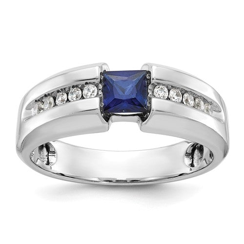 Men's polished lab-created sapphire and diamond ring featuring 14kw gold from Solomon Jewelers, showcasing a sleek, elegant jewelry design.