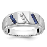 14k white gold men's satin finish sapphire diamond ring featuring a central sapphire and sparkling diamonds, crafted by Solomon Jewelers.
