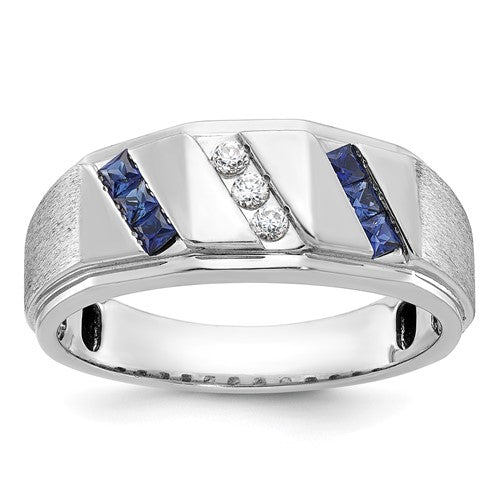 14k white gold men's satin finish sapphire diamond ring featuring a central sapphire and sparkling diamonds, crafted by Solomon Jewelers.