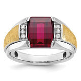 14k two-tone Solomon Jewelers men's satin ring with ruby and diamond accents, featuring a sleek, polished design.