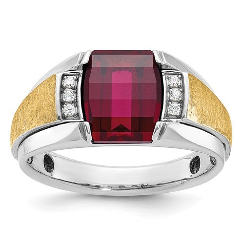 14k two-tone Solomon Jewelers men's satin ring with ruby and diamond accents, featuring a sleek, polished design.