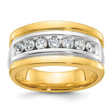 14k gold men's diamond ring with polished and grooved design featuring seven sparkling diamonds by Solomon Jewelers.