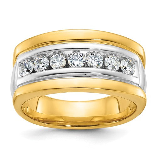 14k gold men's diamond ring with polished and grooved design featuring seven sparkling diamonds by Solomon Jewelers.