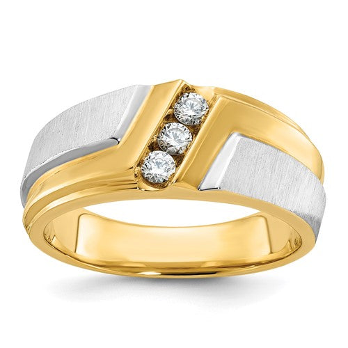 14k gold men's polished satin and grooved 3-stone diamond ring from Solomon Jewelers showing detailed design and craftsmanship.