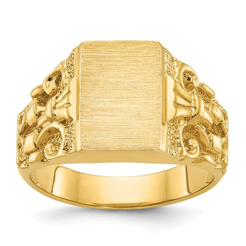 14k gold men's signet ring with 13x9mm face, crafted by Solomon Jewelers, featuring a polished, classic jewelry design.