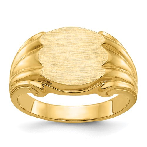 14k gold men's signet ring with 12x10mm face, featuring a polished finish, from Solomon Jewelers.