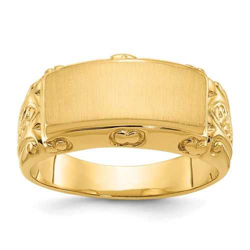 14k gold men's signet ring with 15x7mm band, featuring a classic design from Solomon Jewelers.