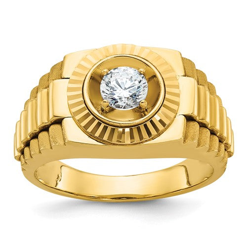 14k gold men's diamond ring with polished satin and textured finish, showcasing intricate craftsmanship and elegant design.