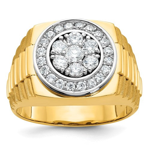 14k two-tone men's diamond ring featuring polished satin and textured finishes, crafted by Solomon Jewelers.
