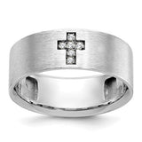 14k white gold men's satin diamond cross ring with 1/20 carat diamonds, crafted by Solomon Jewelers.
