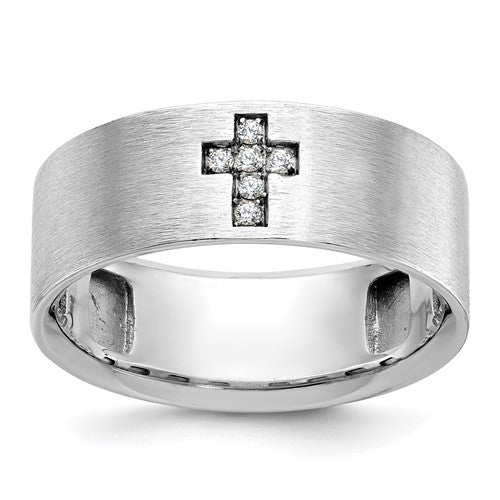 14k white gold men's satin diamond cross ring with 1/20 carat diamonds, crafted by Solomon Jewelers.