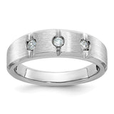14k white gold men's diamond 3-stone ring with polished and satin finishes, featuring three sparkling diamonds.