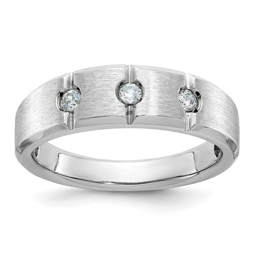 14k white gold men's diamond 3-stone ring with polished and satin finishes, featuring three sparkling diamonds.