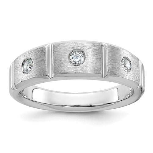 14k white gold men's 3-stone ring mounting with polished and satin finish by Solomon Jewelers, detailed view.