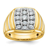 14k gold men's satin and grooved diamond ring with white rhodium finish, polished look, from Solomon Jewelers.