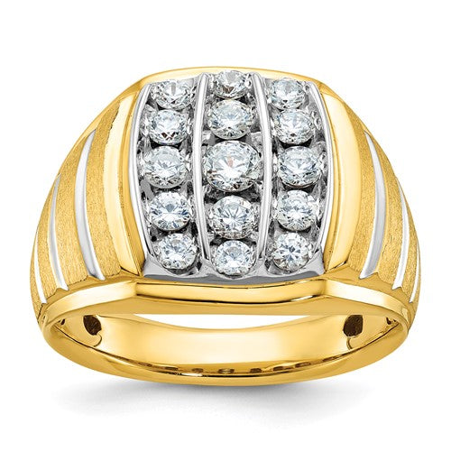 14k gold men's satin and grooved diamond ring with white rhodium finish, polished look, from Solomon Jewelers.