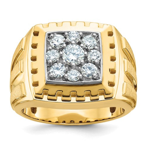 14k gold men's polished satin and grooved diamond cluster ring, Solomon Jewelers jewelry with intricate design and sparkling accents.