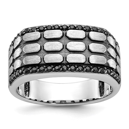 Black satin and textured men's diamond ring by Solomon Jewelers with 14k white gold band, displayed on a white background.