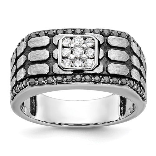 Men's textured black and white diamond ring in 14k white gold from Goodman, featuring a bold, stylish design.