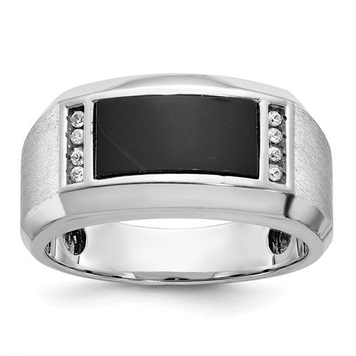14k white gold men's satin onyx and diamond ring mounting, featuring detailed craftsmanship and elegant design by Solomon Jewelers