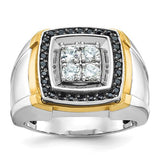 Men's polished black and white diamond square cluster ring in 14k gold by Solomon Jewelers, featuring elegant gemstone accents.