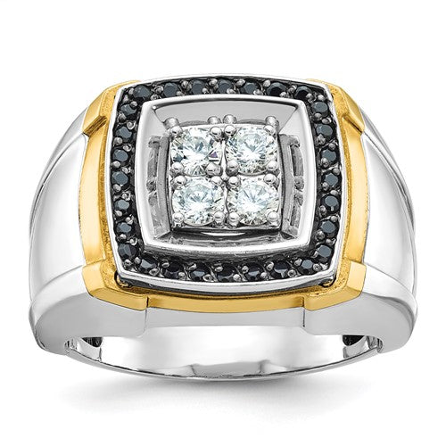 Men's polished black and white diamond square cluster ring in 14k gold by Solomon Jewelers, featuring elegant gemstone accents.