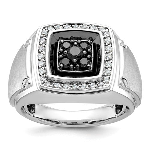 Satin black and white diamond men's ring by Goodman, featuring a 14kw white gold band with black and white diamond accents.