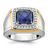 14k two-tone men's polished sapphire and diamond ring showcasing a sleek design with gold and silver accents.