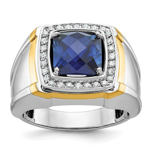 14k two-tone men's polished sapphire and diamond ring showcasing a sleek design with gold and silver accents.