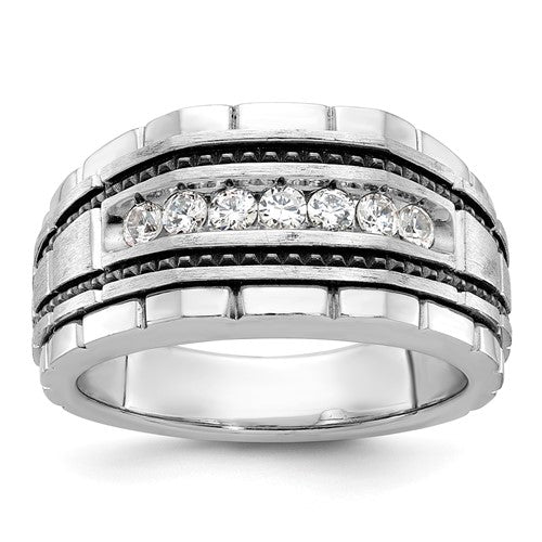 Solomon Jewelers men's satin and textured 14kw white gold ring with seven diamonds, featuring black and white design elements.