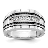 14k white gold men's ring with polished, satin, and textured finishes featuring seven stones, crafted by Solomon Jewelers.