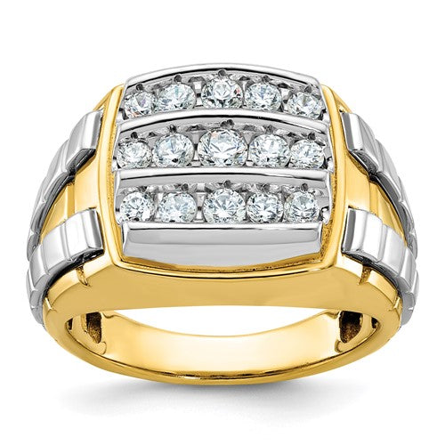 14k gold men's diamond cluster ring with polished and grooved three-row design, featuring sparkling diamonds in a Solomon Jewelers jewelry image.