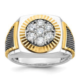 Men's 14k textured white gold diamond round cluster ring with black accent from Solomon Jewelers, featuring a detailed design.