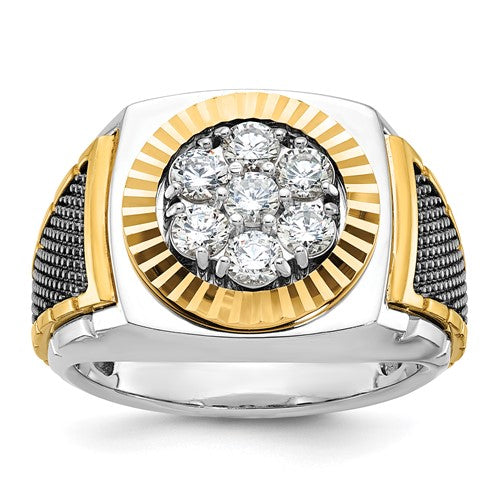 Men's 14k textured white gold diamond round cluster ring with black accent from Solomon Jewelers, featuring a detailed design.